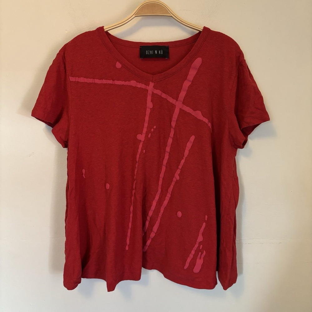 Ozai N Ku Women's T-shirt Top Lagenlook Art to Wear Red‎ Linen Blend 2XL